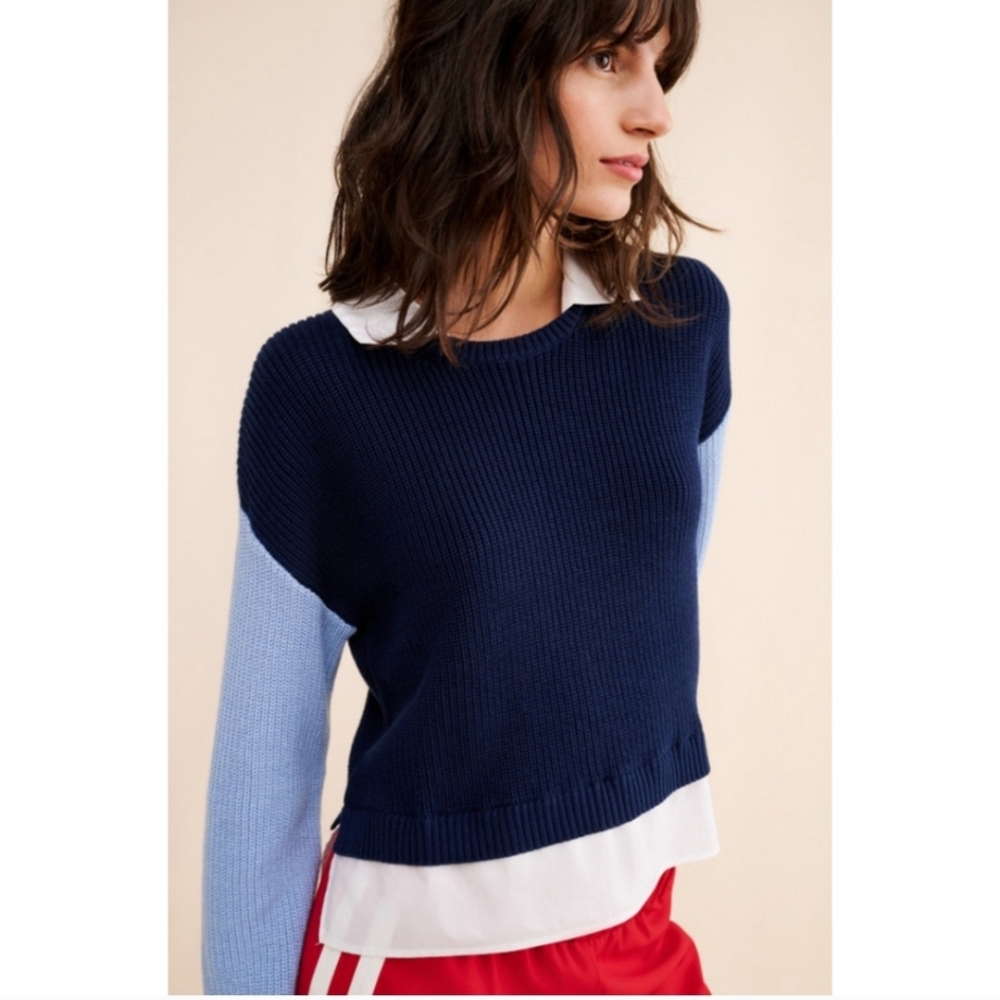 Maeve Navy and Light Blue Sweater with White Collar Shirt